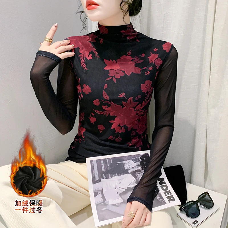 Winsleter Streetwear T-Shirt Lange Mouw Tees Vrouwen Mock Nek Positie Print Dikker Fleece Slanke Tops Herfst Winter T30684jm