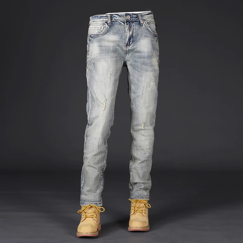 Italian Style Fashion Men Jeans Retro Washed Blue Stretch Slim Fit Ripped Jeans Men Vintage Trousers Designer Denim Pants Hombre