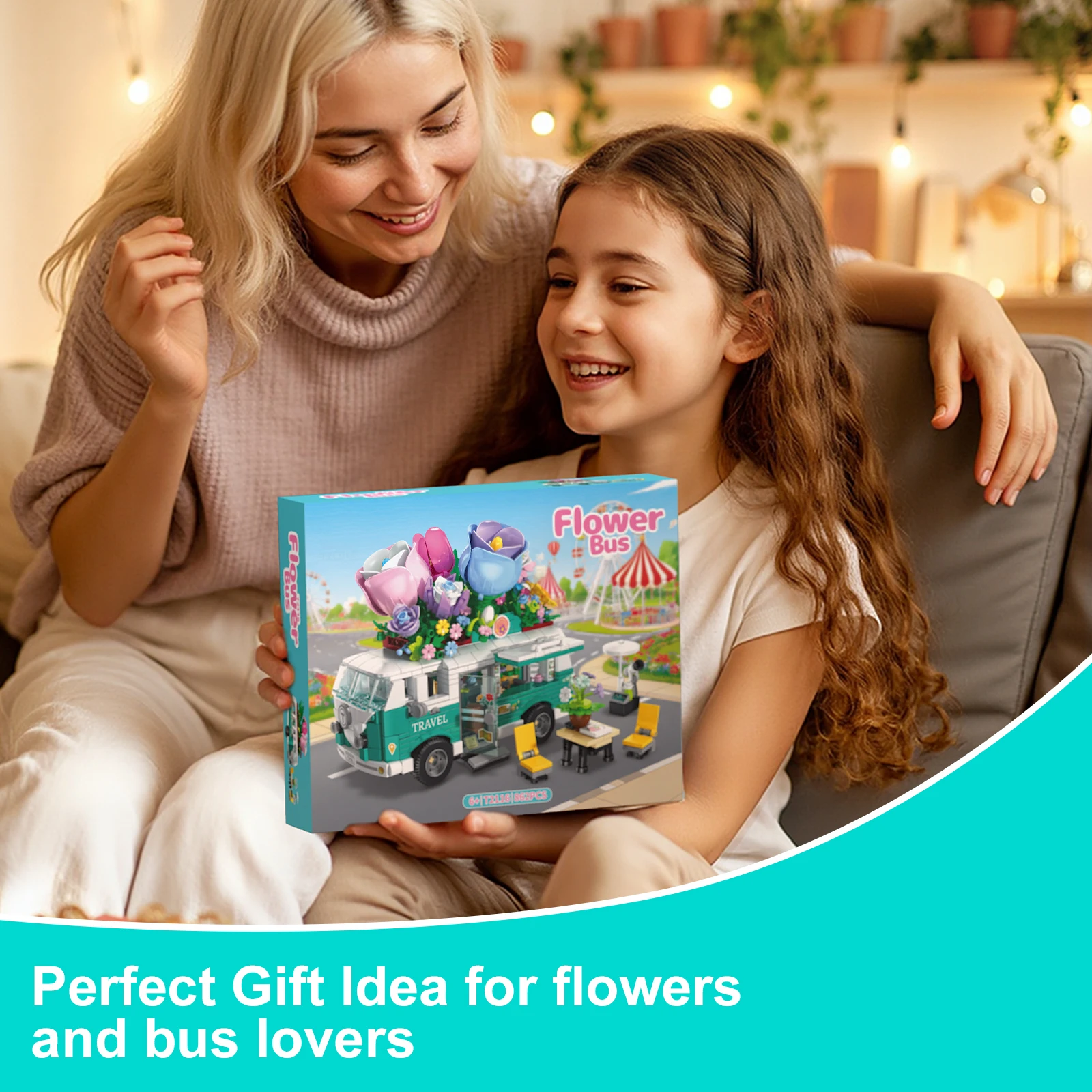 862PCS Flower Bus Model Building Blocks Toy Festooned Vehicle Puzzle Bricks Sets Educational Toys Desktop Ornament Gifts