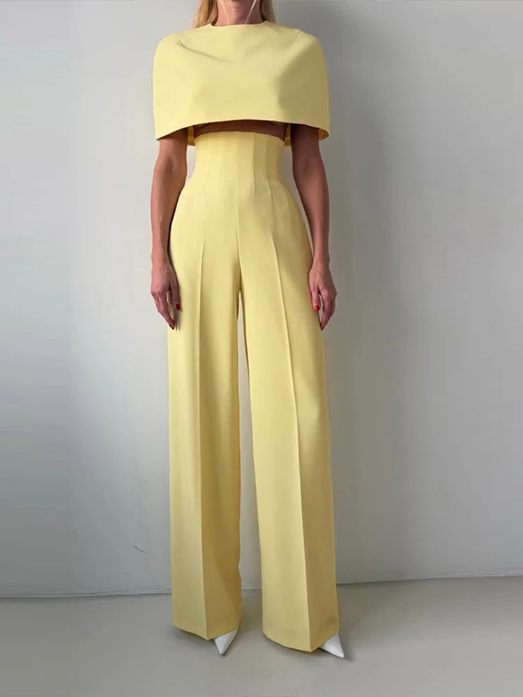 Damen-Hosenanzüge Kurze Cape-Oberteile Revers Langarm Taillierter Blazer Hochgeschnittene Hosen Schicke Büro-Damenanzüge Neu – Detail 5
