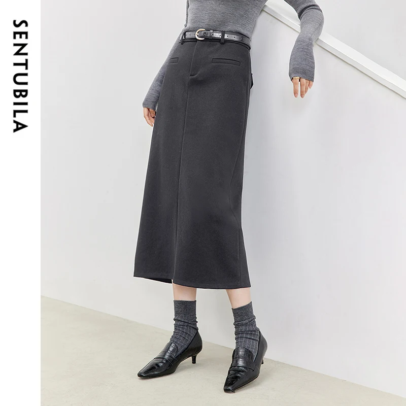 

SENTUBILA Office Lady Grey Skirts for Women 2025 Fall Winter Straight High Waist Slit Hem Elegant Long Skirts Female 144Q57191