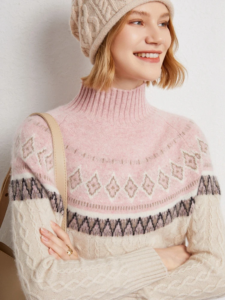 Autumn Winter 100% Cashmere Knitwear Women Ethnic Style Cashmere Sweater Faire Isle Jacquard Sweater Thick Mock Neck Pullover