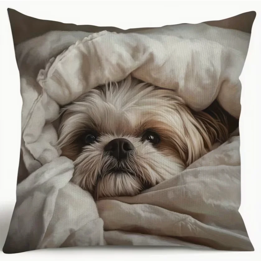 Gentle Shih Tzu Polyester Cushion Cover Single-Sided Printing Suitable for Thanksgiving and Christmas Holiday Home Decoration