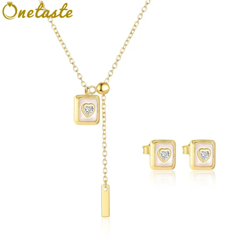 

S925 Серебро 18-каратного золота с перламутром CZ Квадратные комплекты ювелирных изделий с подвеской, ожерельем и серьгами-гвоздиками для женщин Модный изящный подарок