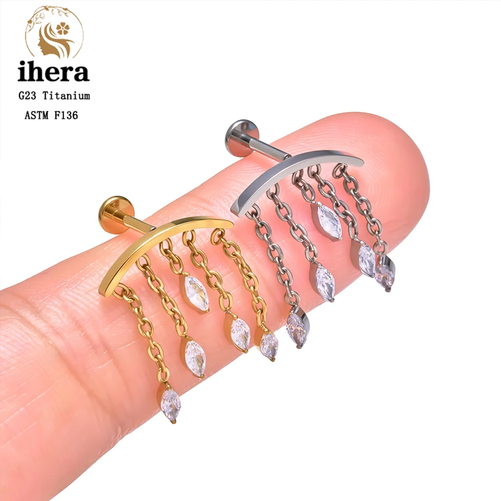 ASTM F136 Titanium Ear Cartilage Earrings Internal Thread 16G Hidden Helix Stud CZ Drape Chain Flat Back Tragus Piercing Jewelry