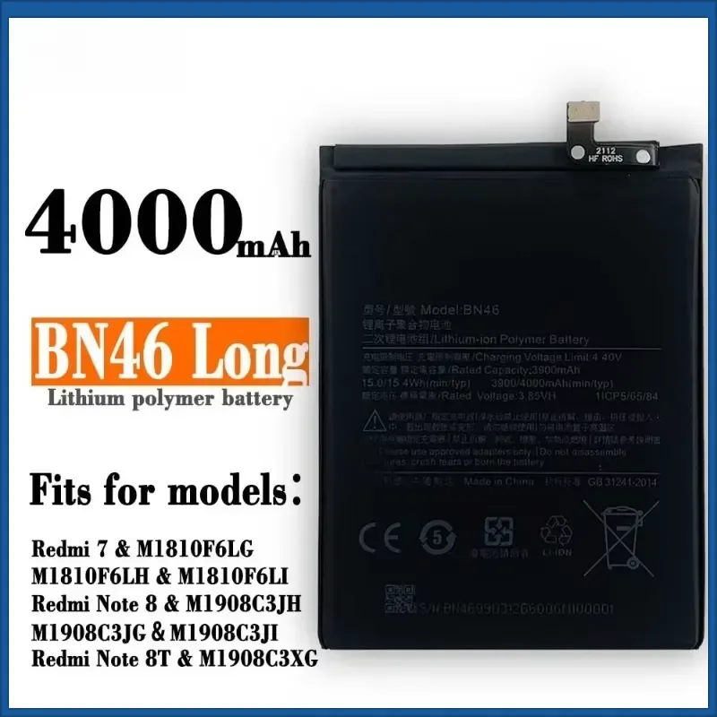Replacement 4000mAh BN46 for Xiaomi Redmi 7 Note8 Note 8 8T M1810F6LH M1810F6LI M1908C3JG M1908C3ЛI Mobile Phone