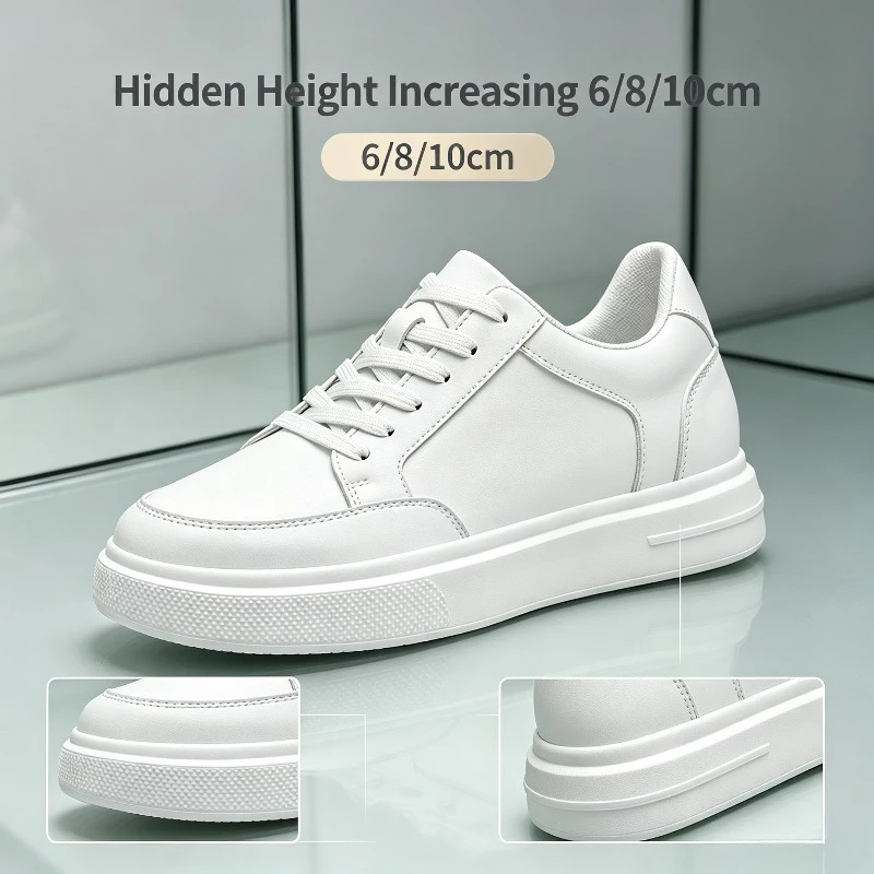 Men White Leather Sneakers Lace Up Hidden Height Increasing 6/8/10cm Thick Platform Sole Flat Casual Shoes Light Non Slip Fashio