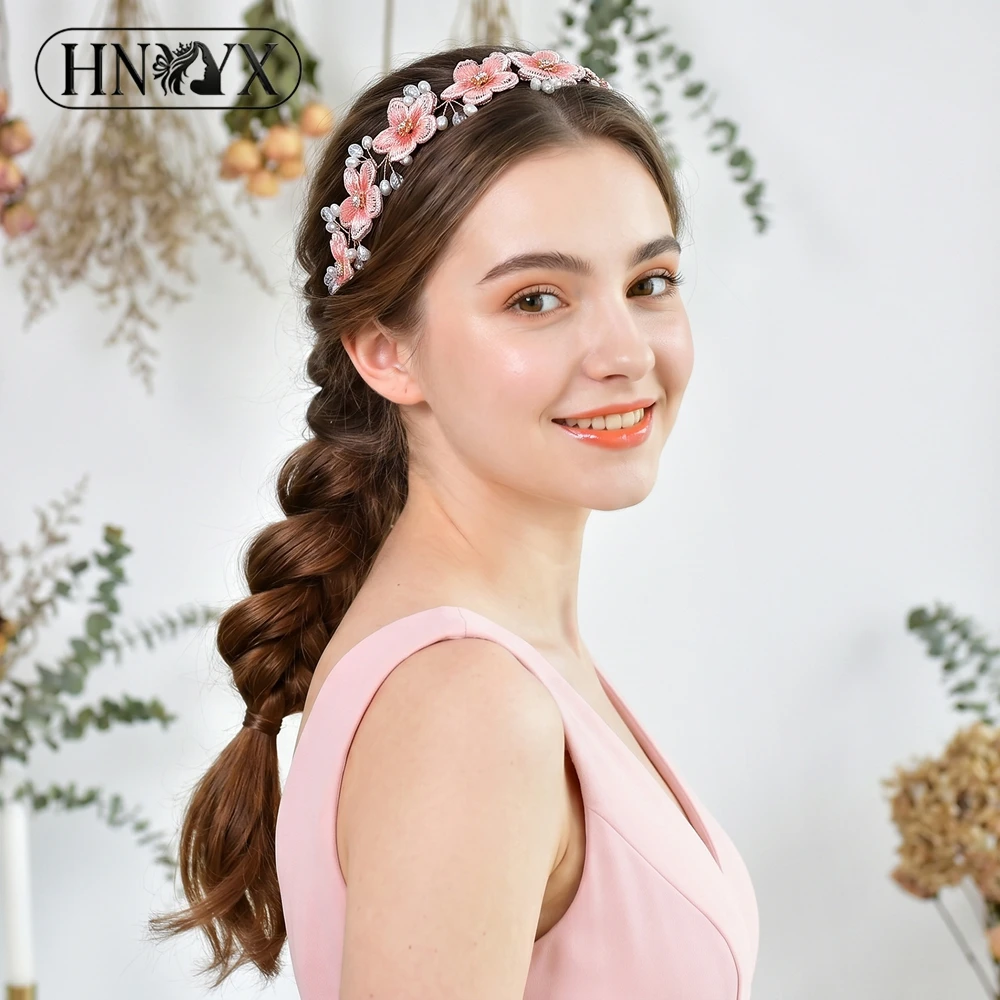 HNYYX Elegant Pink Flower Bride Hair Vine Crystal Pearl Wedding Hair Band Women Princess Birthday Party Hair Accessories A363