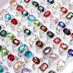 20 Pcs/Lot Fashion Punk Retro Glass Stone Ring For Women Men Geometry Carved Imitation Gemstone Mixed Style Jewelry Party Gifts