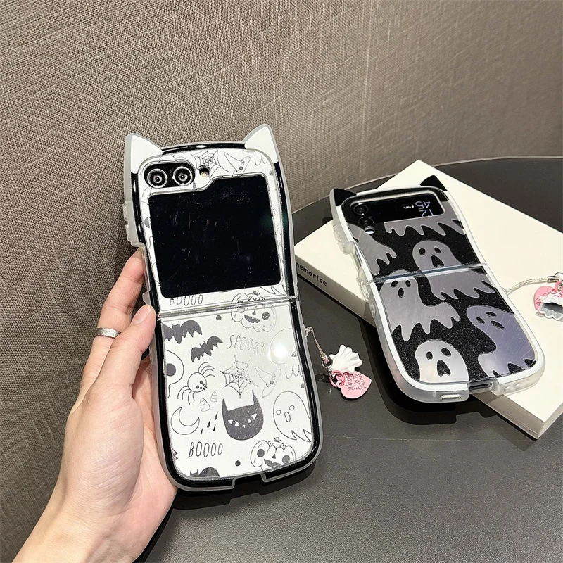 Halloween Ghost Mirror Phone Case For Samsung Z Flip 6 5 4 3 Cover with Charm Silicone Cute Cases For Galaxy Z Flip4 Flip5 5G