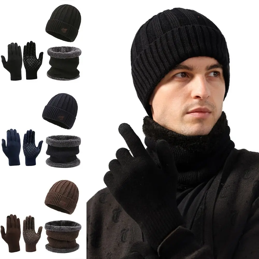 Nuevo Gorro de punto de invierno, gorro grueso a prueba de viento, bufanda, conjunto de guantes para exteriores, calentador de cuello para mantener el calor, mujeres y hombres