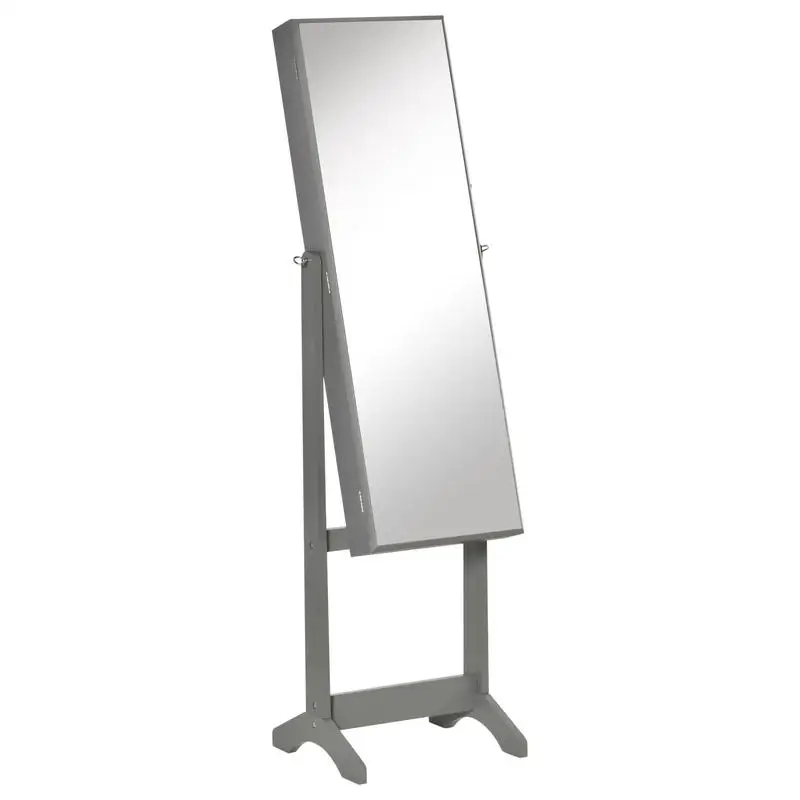 Floor Standing Jewelry Cabinet, Lockable Organizer with Full-Length Mirror, 3 Adjustable Angles, Gray Color