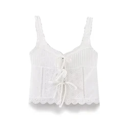 Summer Women Sleeveless Vest Lace Embellished Floral Hollow Camis Top Sexy Comfortable Vest Bow Suspender White