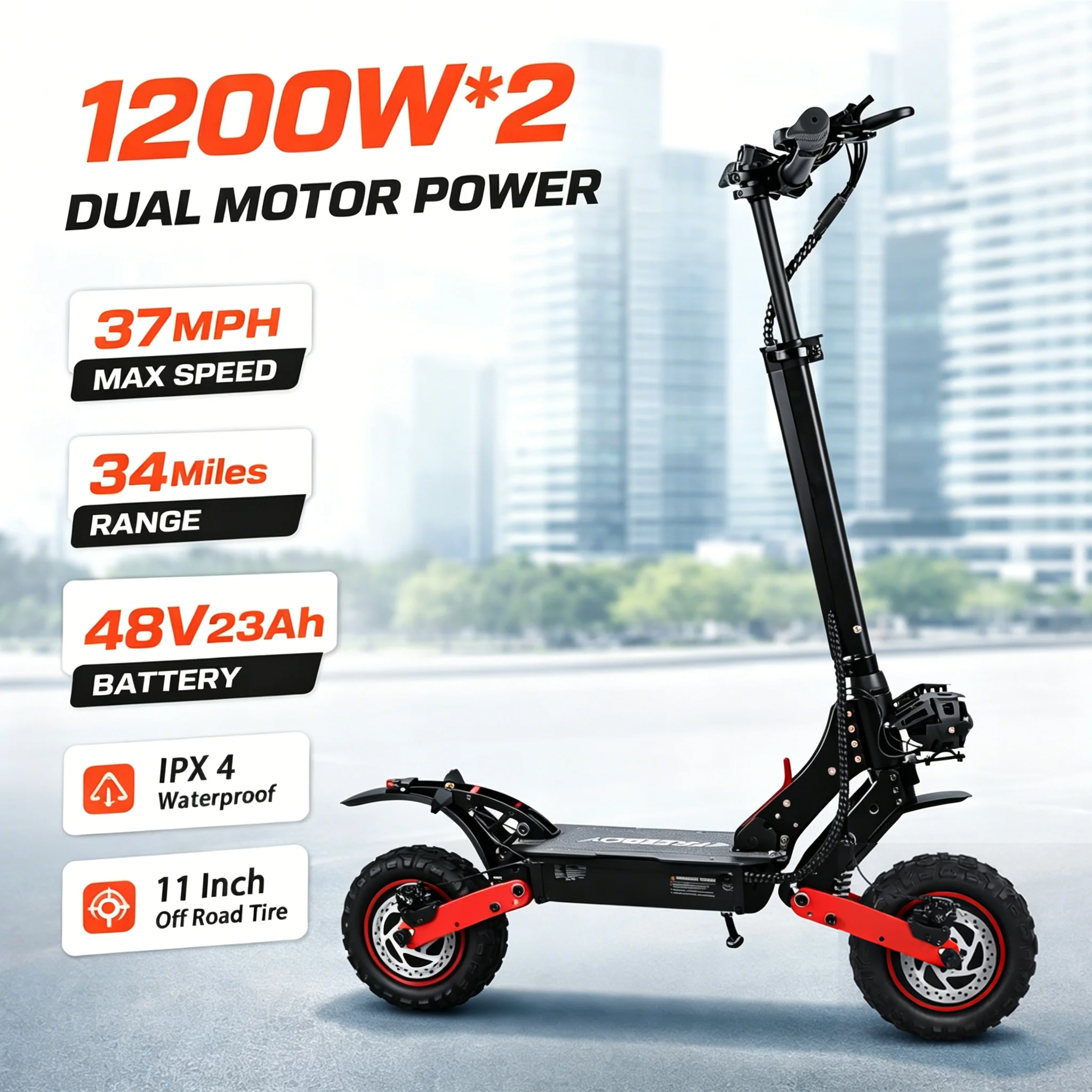 

1200W*2 Dual Motor Electric Scooter for Adults - 37MPH, 34Miles Long Range, 11" Off-Road Tires, Foldable Commuter E-Scooter