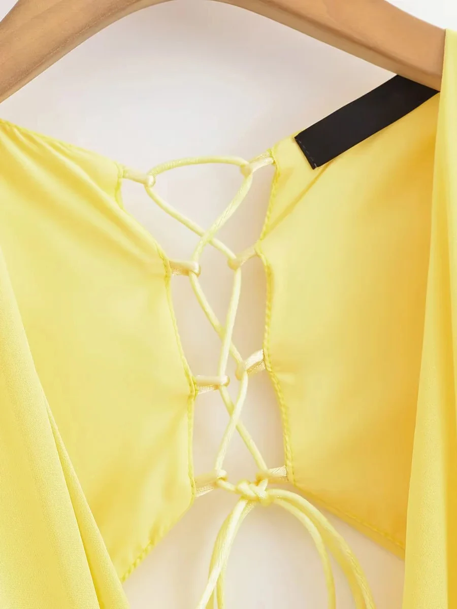 TWOTWINSTYLE เซ็กซี่ Spliced Sheer ตาข่าย Maxi ชุดผู้หญิงลึก V คอยาวแขนยาวกลางเอว Patchwork พับชุดหญิงใหม่