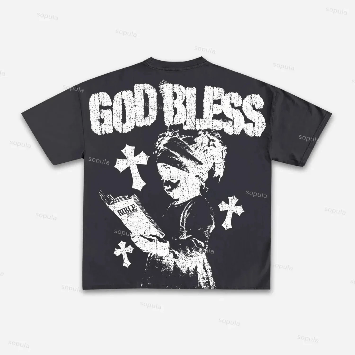Vintage God Bless Prayer Graphic Crew Neck T-Shirt Polyester Fiber Short Sleeve High Quality Streetwear Tops For Adult Men Women