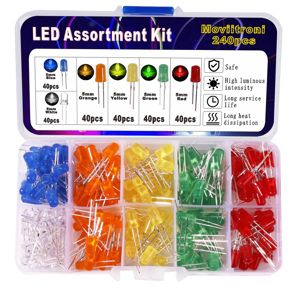 240-teiliges Sortiment an LED-Diodenlichtern, 3 mm/5 mm, transparent, lichtemittierend, weiß, grün, rot, blau, gelb, orange