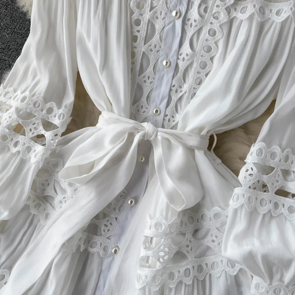 VIntage Folds Lace Hollow Out Lantern Sleeves Long Sleeves Single Breasted Dress Casual Women A-LINE  Fashion Autumn Dress