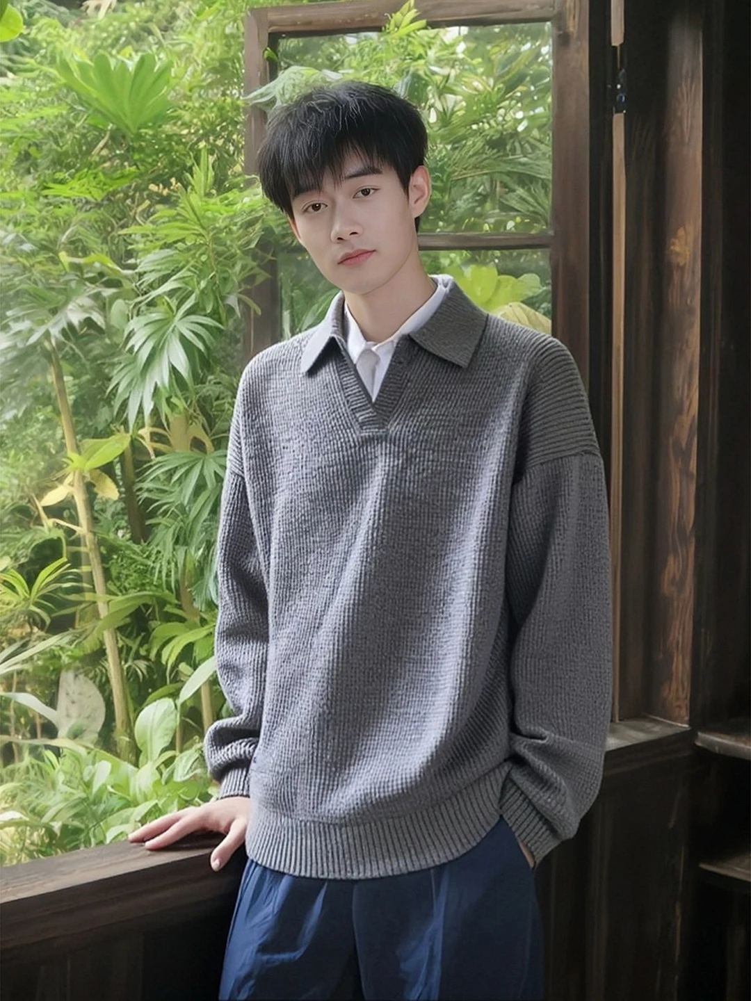 

Светло-серый мужской свитер с корейским воротником: мягкий, уютный, осенний стиль, модный вязаный джемпер, молодежный базовый слой