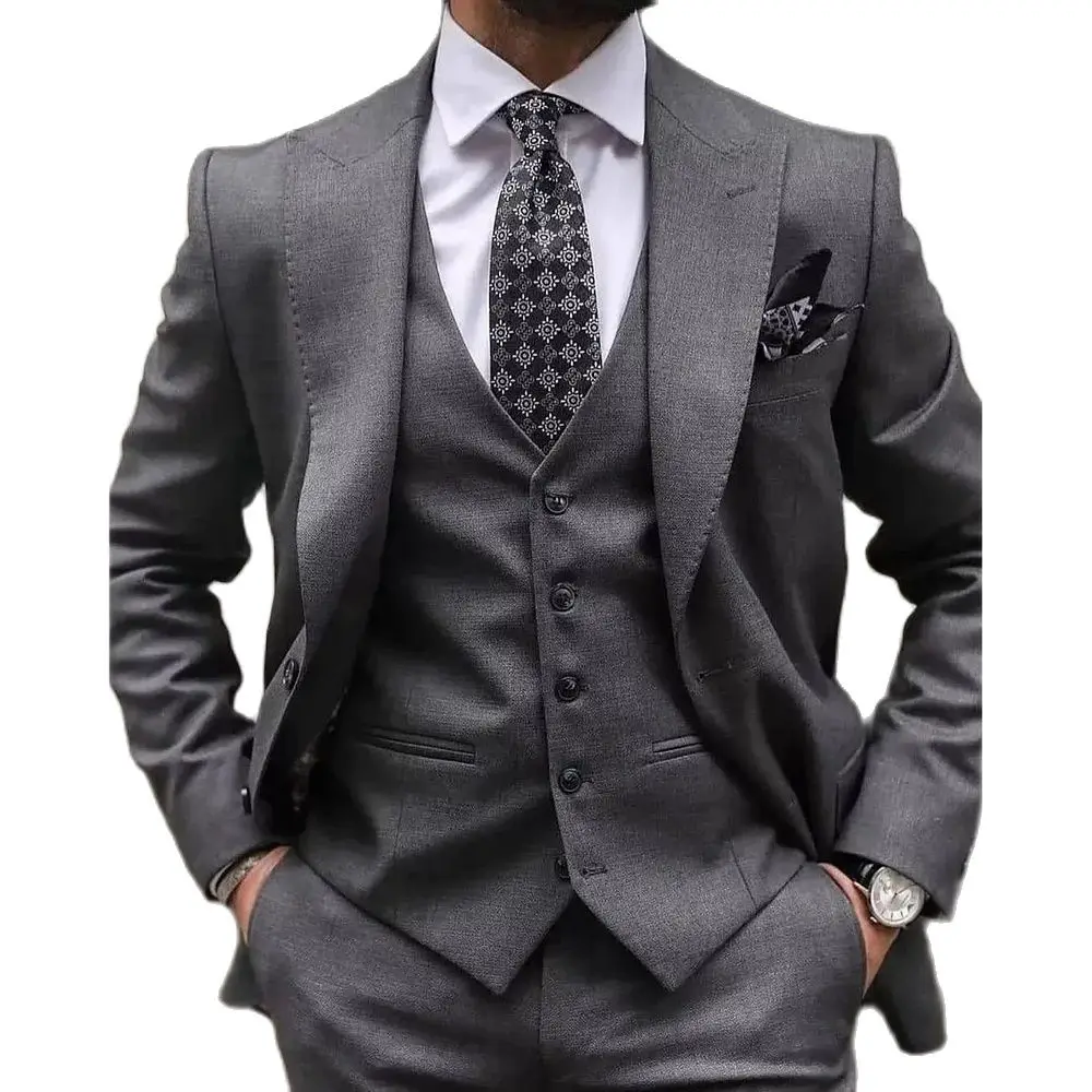 Ternos de blazer de peito único para homens, lapela de pico, comprimento regular, 3 peças luxuosas, jaqueta, calças, roupas de colete, traje cinza escuro