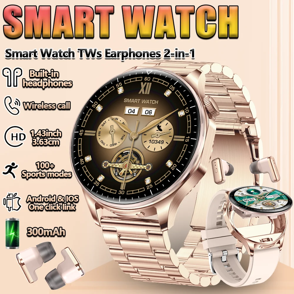 

2 In 1 TWS Headset Smart Watch 1.43" Men Women Sport Fitness Heart Rate Health Watches Earphone Noise Reduction Music Smartwatch