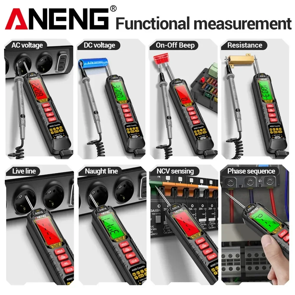 ANENG A3016 multímetro de pluma Digital inteligente 4000 recuentos AC/DC voltaje resistencia retención datos coche sonda de diagnóstico Detector pluma