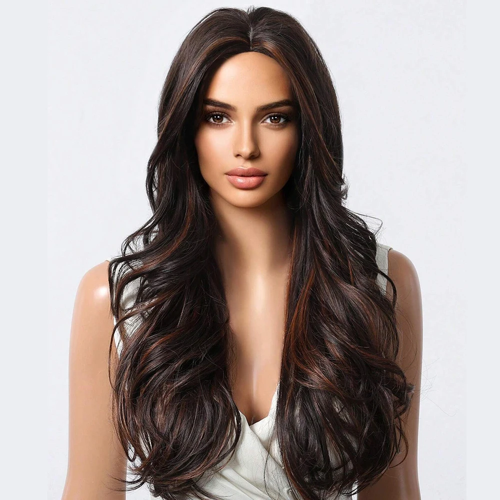 26in Highlightสีน้ําตาลWave Curlyวิกผมสังเคราะห์ทนความร้อนผมผู้หญิงธรรมชาติดูสําหรับคอสเพลย์,ทุกวัน,ปาร์ตี้ฮาโลวีน