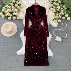 Autumn/Winter Hepburn Style Long Sleeved Diamonds Beading Long Sleeve Pencil Velvet Dress For Women Office Lady Evening Robe