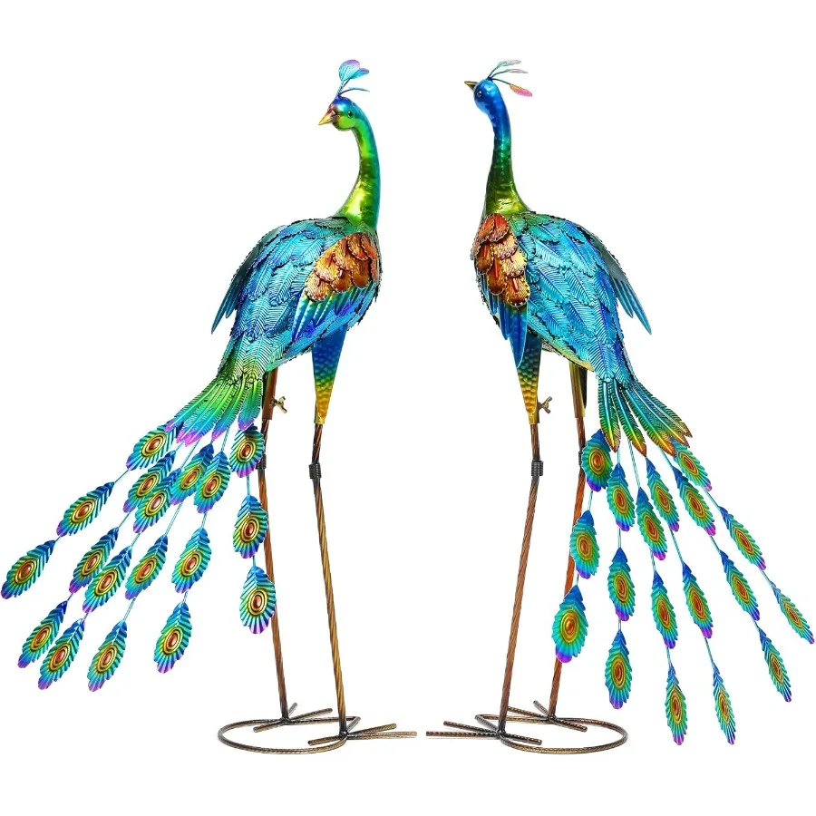 

32" Metal Peacock Yard Decor - Handmade Oversize Peacock Sculptures with Stable Ground Stakes Backyard Decoration Metal Garden