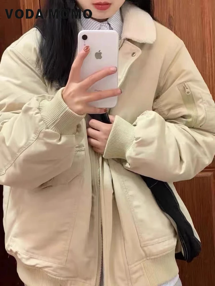 Korean Long Sleeve Coats Lambswool Ins Zippers Warm Parkas Women Winter Furred Collar Plus Velvet Thickening Loose All-match