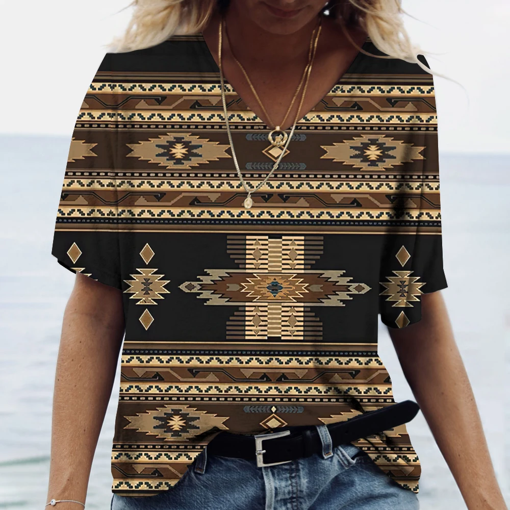 Summer Ethnic Style 3D Printed T-Shirts Women's Fashion Vintage Streetwear Short Sleeve V-Neck T Shirt Tees Tops Woman Clothing — zdjęcie 6