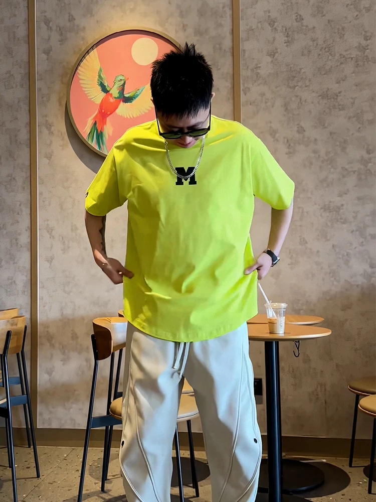 YOUMOU Men's Fluorescent Green Cotton T-Shirt Loose Fit Short Sleeve Printed Casual Top for Summer Youth Fashion Trend