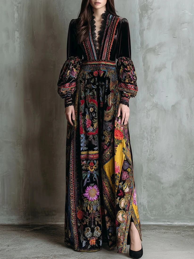 Retro Ethnic Style Floral Print Velvet Dresses Woman Sexy V Neck Lace Spliced High Waist Evening Dress Lantern Sleeve Maxi Dress