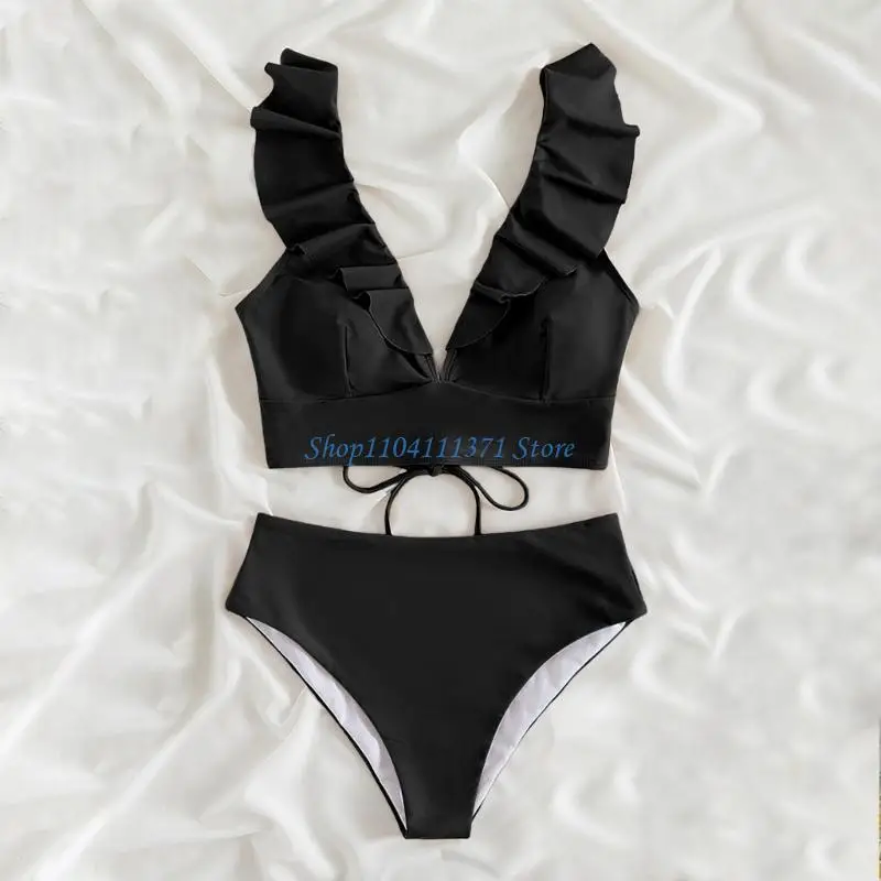 P9FC Women's High Waisted Set Tummy Trimming Swimwear Ruffle Sleeve Two Piece Swimsuit V Neck Swimwear