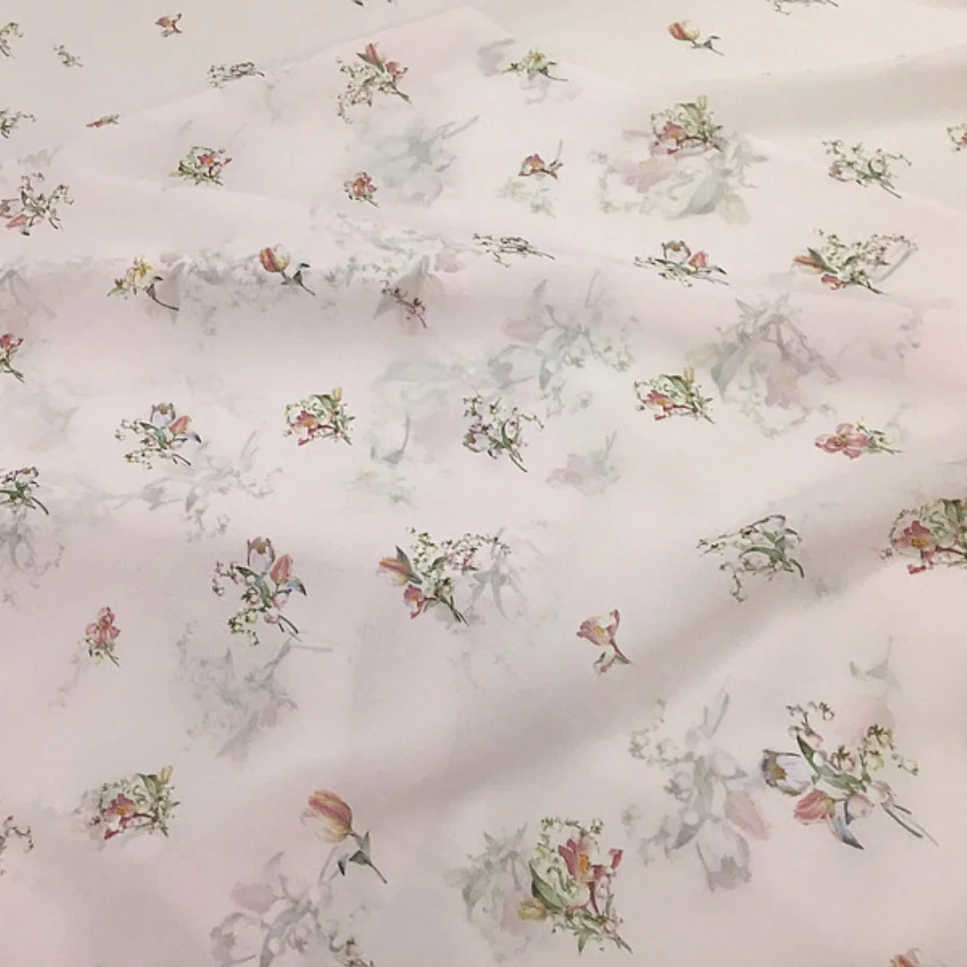 1 meter 100% Mulberry Silk 9 momme Thin Georgette Silk Fabric Light Pink Floral Printed 138cm 54