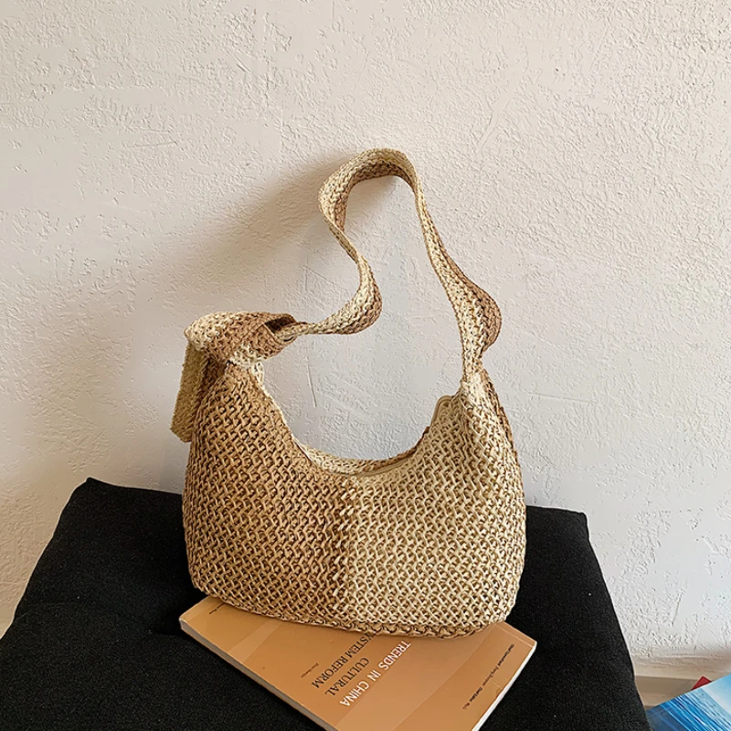Two-Tone Color Block Straw Woven Hobo Shoulder Bag Women Black Khaki Ultra-Light Knot Decor Strap Summer Beach Casual Handbag