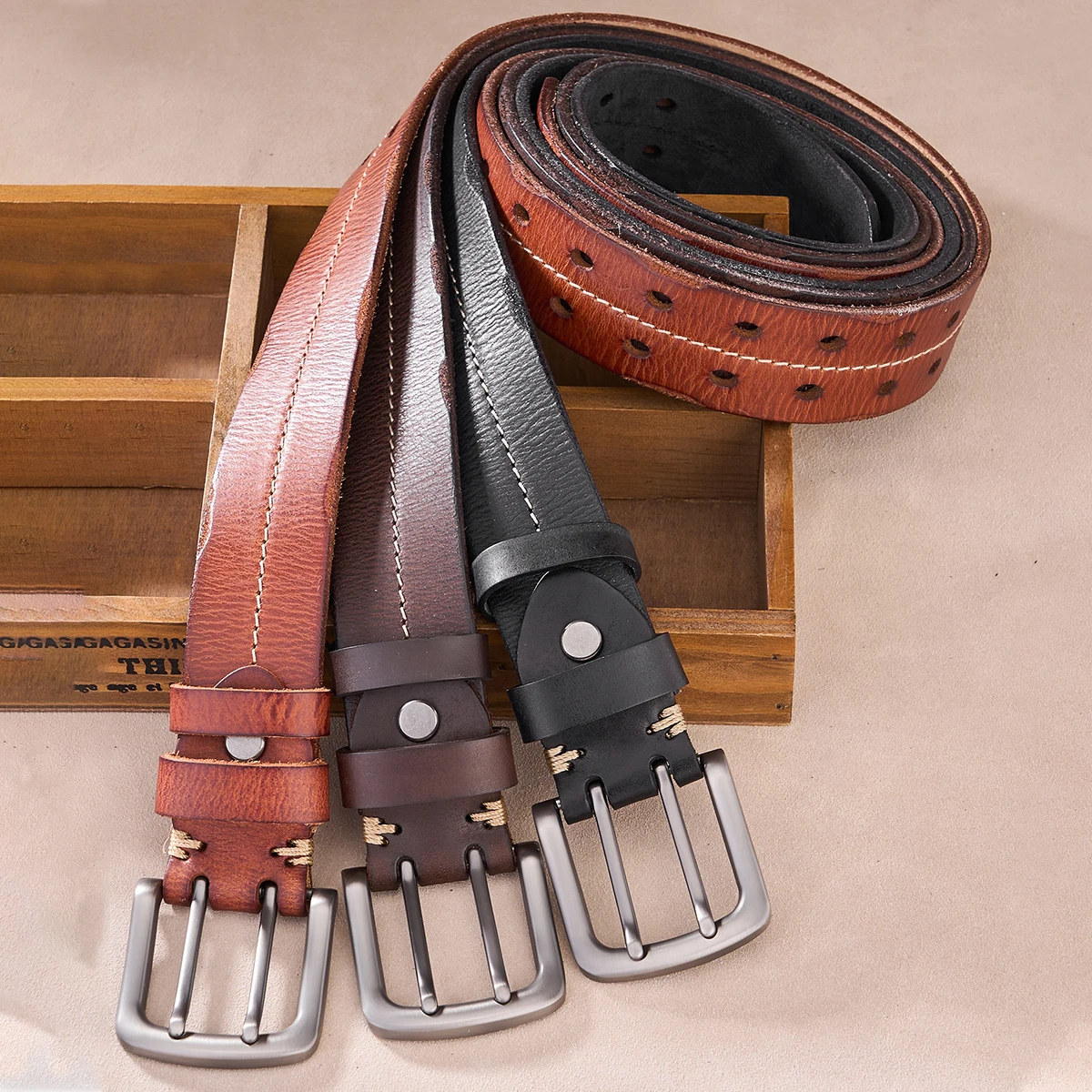 BISON DENIM Top Layer Cowhide Men Belt Genuine Leather Fashion Vintage Waist Strap Male Best Gift Casual Belts for Jeans