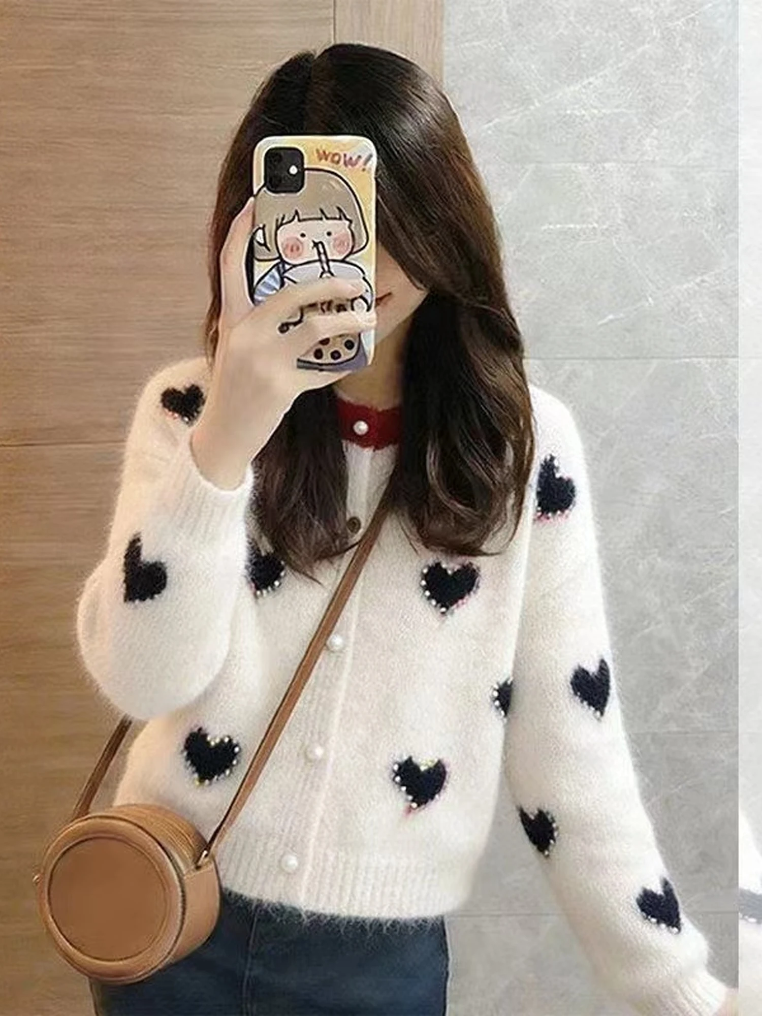 Korean Style Sweet Cute Heart Pattern Knitted Sweater Women's Autumn Winter New Lazy Style Versatile Slimming Sweater Coat