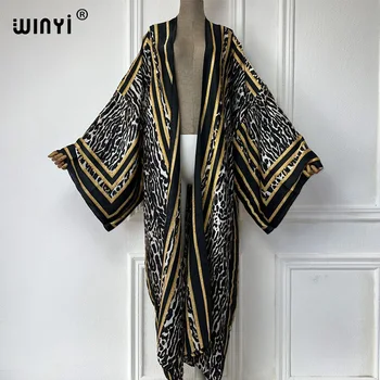 Winyi ชุดกิโมโนพิมพ์ลายเสือดาวของผู้หญิงเสื้อโค้ททรงหลวม, ชุดเดรสหรูหราชุดสำหรับเดินชายหาดคาร์ดิแกนสไตล์แอฟริกัน