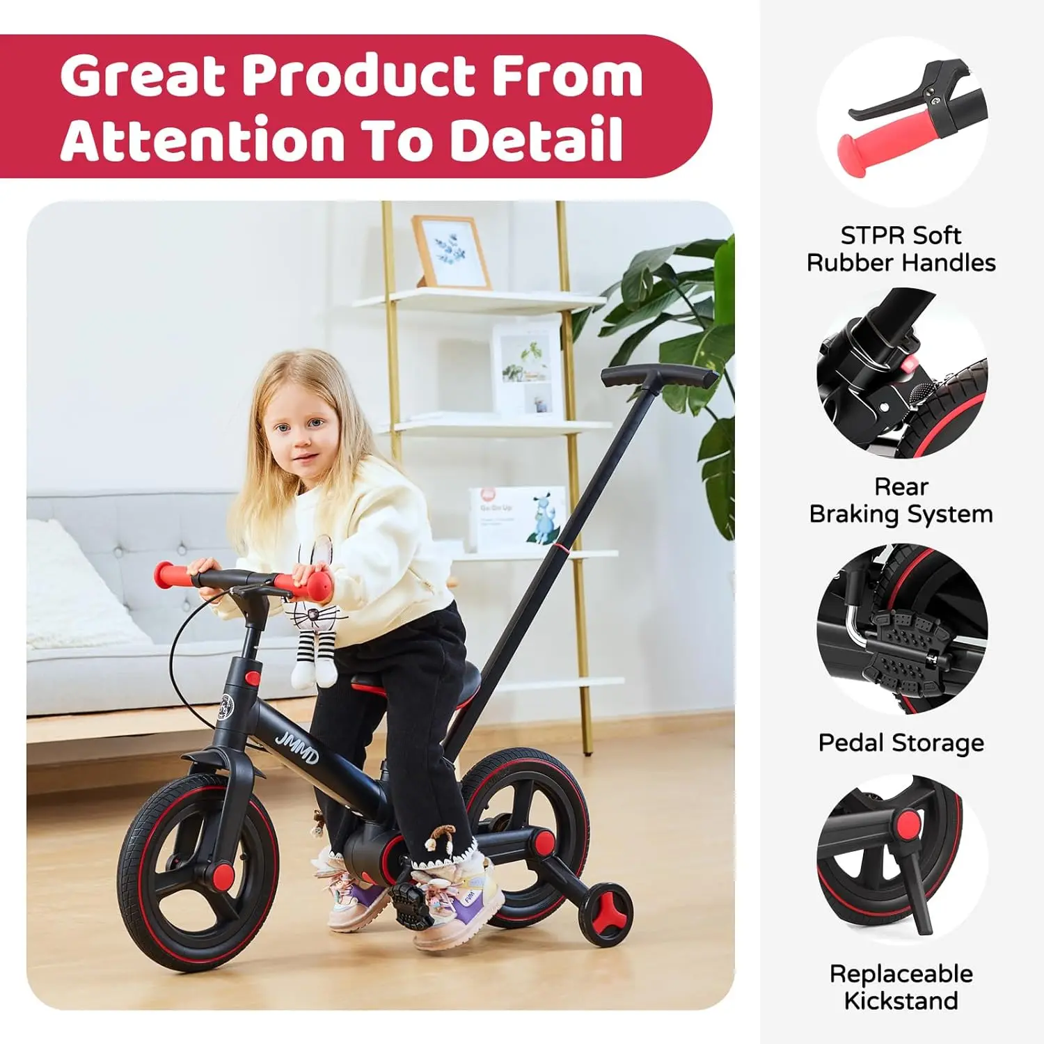 Peuterfiets met duwhandgreep voor kinderen van 18–60 maanden, 6-in-1 opvouwbare duwfiets met zijwieltjes, pedalen, remmen, standaard,