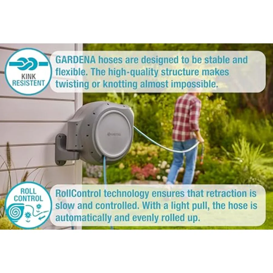 Heavy duty wall mounted retractable garden hose reel with 50 feet of 1 2 inch durable hose automatic retraction system and adju