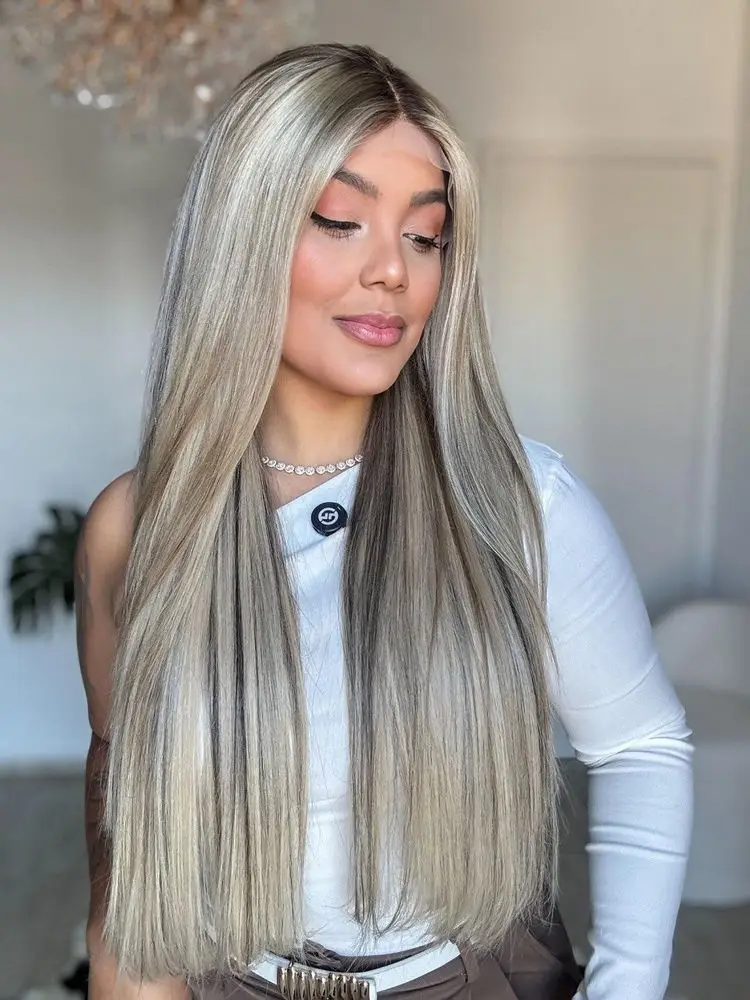 سهلة الصيانة أومبير الرماد شقراء HD غير مرئية الدانتيل الجبهة شعر مستعار اصطناعي مع جذور داكنة للنساء شعر مستعار طويل طبيعي مستقيم