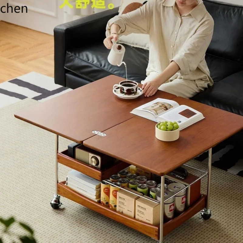 YFY  Solid Wood Folding Coffee Table Vintage Home Living Room Retro Mobile Sofa Lift Storage