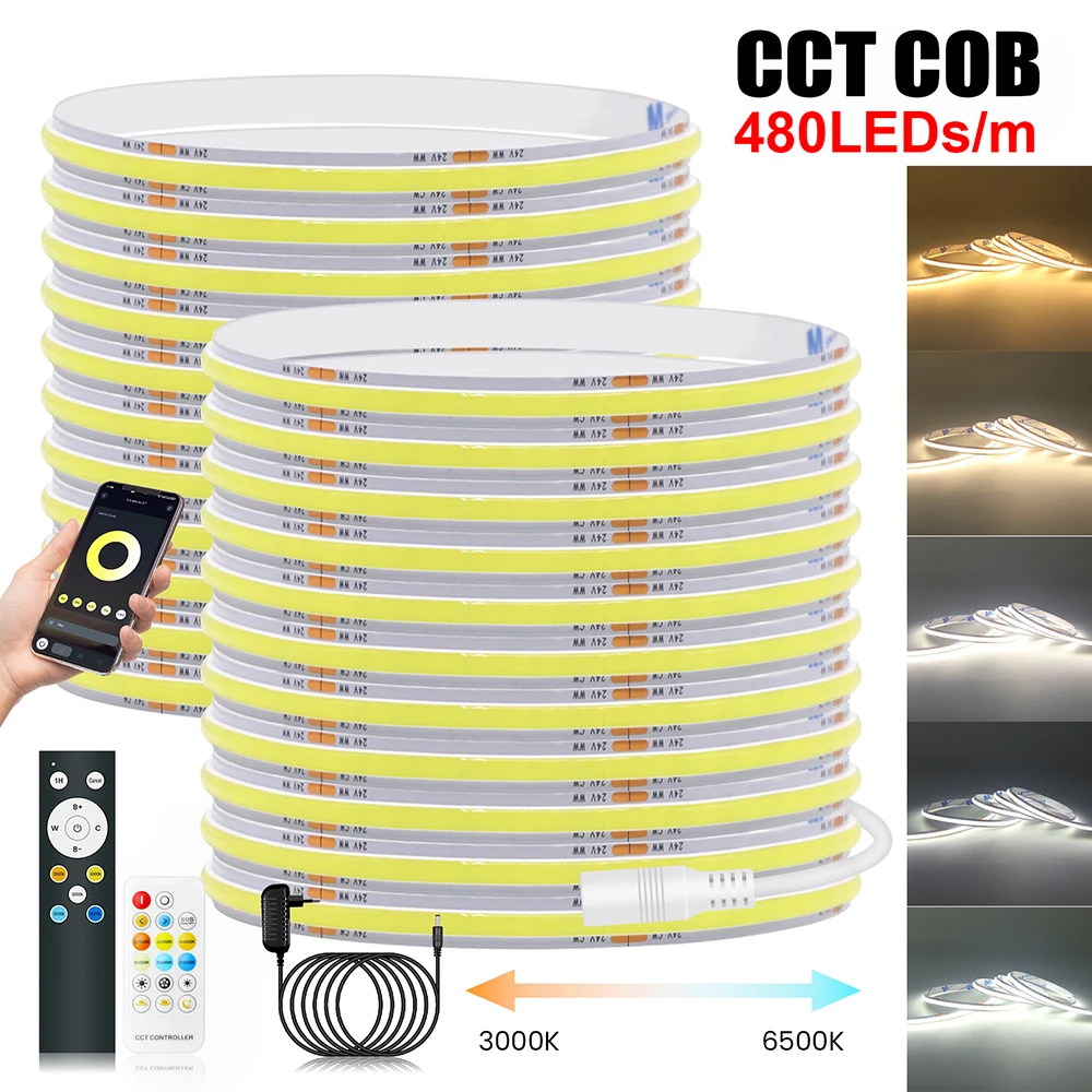 24V Dimmable COB CCT Flexible LED Light Strip Bluetooth Remote 480LED/m 2700K 3200K 4000K 5000K 5500K 6500K EU US UK AU Plug Kit