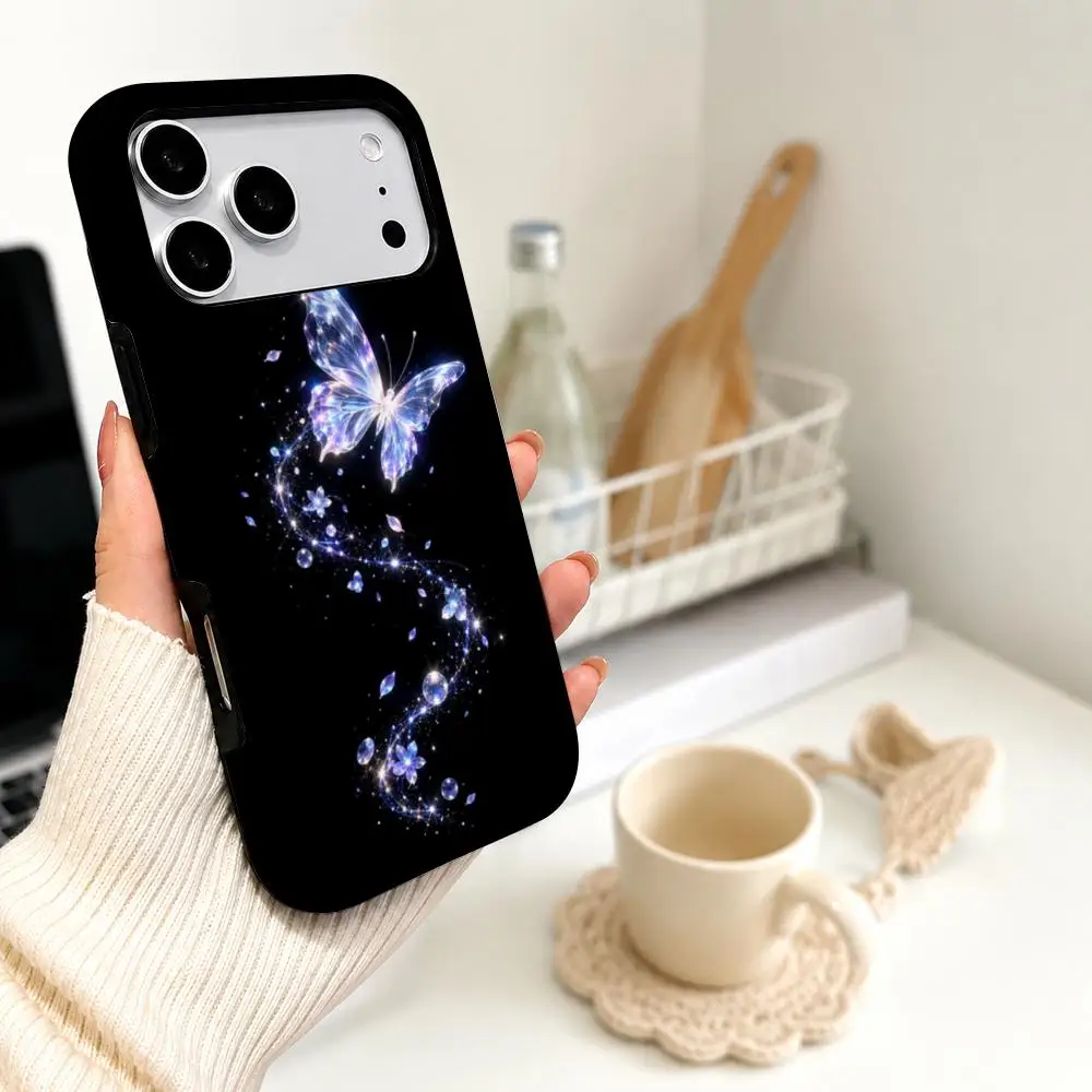 Neon Purple Glowing Butterfly Phone Case, Black Background Fantasy Aesthetic Butterfly Phone Cover Phone Case Film Material 2-In