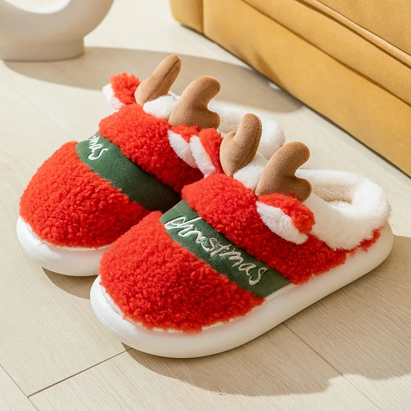 

new 2025 thick sole christmas deer slippers women men indoor warm slipper soft plush home floor lovers winter platform shoes