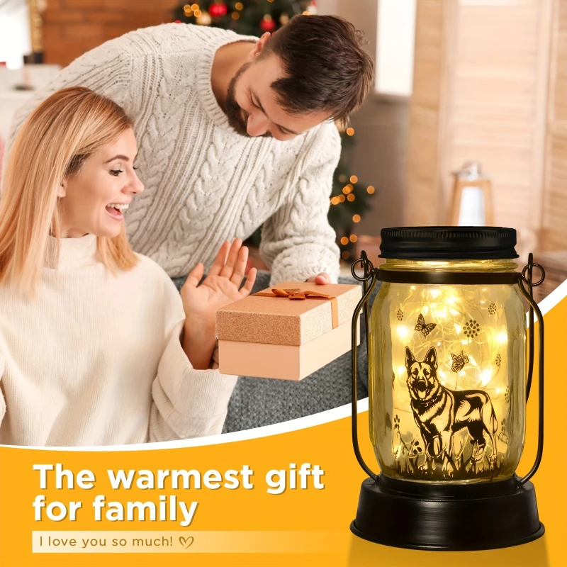 فانوس الراعي الألماني الشمسي - ضوء تذكاري كلاسيكي معدني للكلاب مع فراشات وزهور، معلق |   لا حاجة للكهرباء