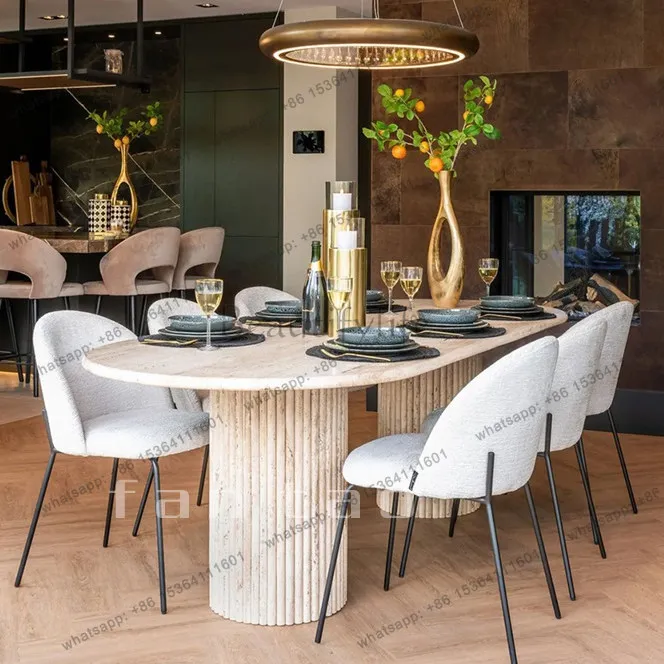 LS French minimalist natural Roman travertine table villa light luxury marble oval