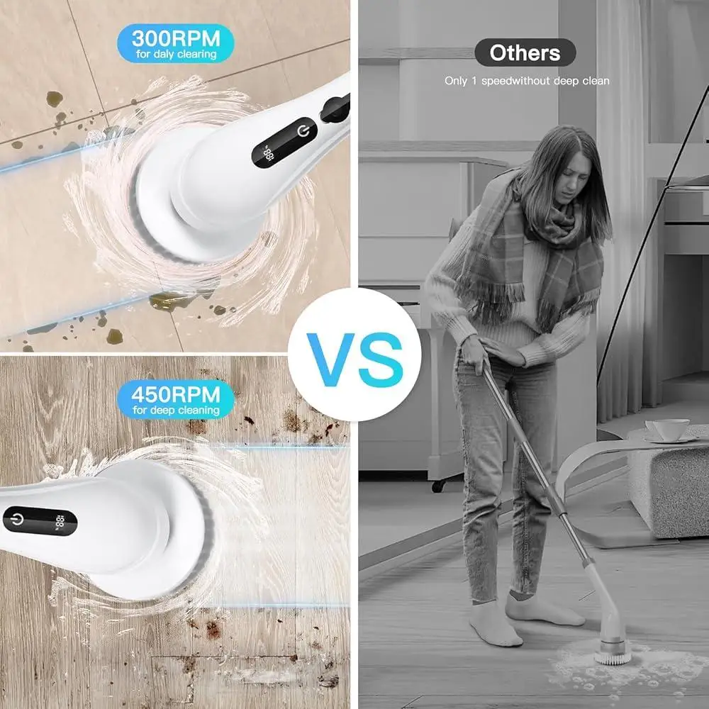 전기 스핀 스크러버 무선 2 속도 저소음 방수 9 브러시 헤드 긴 배터리 수명 욕실 바닥 주방 청소