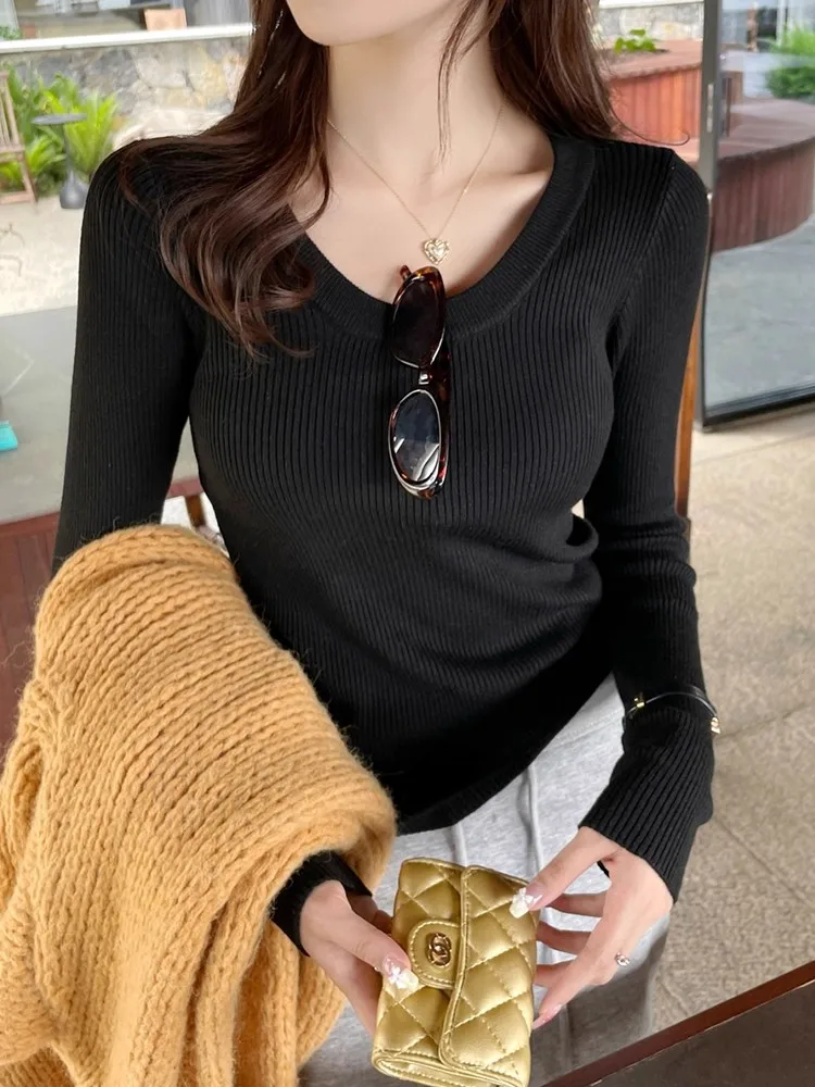 

Черный вязаный свитер с круглым вырезом, облегающий, для женщин, базовый слой, премиум-класса, с низким вырезом, весна-осень, новинка